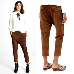 Nili Lotan 8 Goatskin Suede Paris Pants Drop Crotch Slouchy Leather Cognac Brown